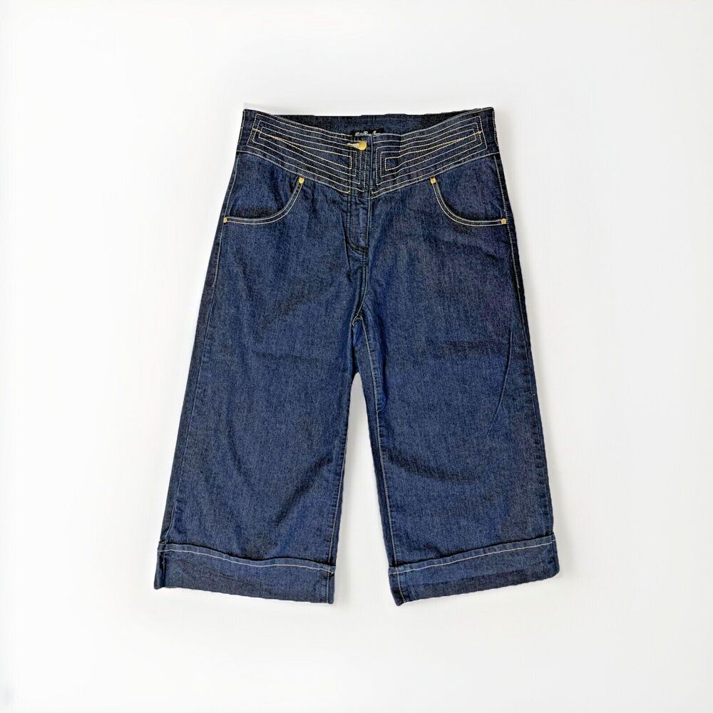 Gold Flava High Rise Cropped Wide Leg Cuffed Jeans Size 16 Dark Wash Gold Stitch